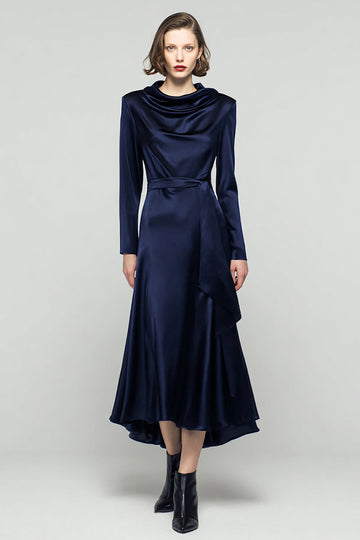 Navy Cowl neck Long Sleeve Work Dress With Belt